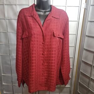Liz Baker sheer size 16 maroon long sleeve button down blouse.